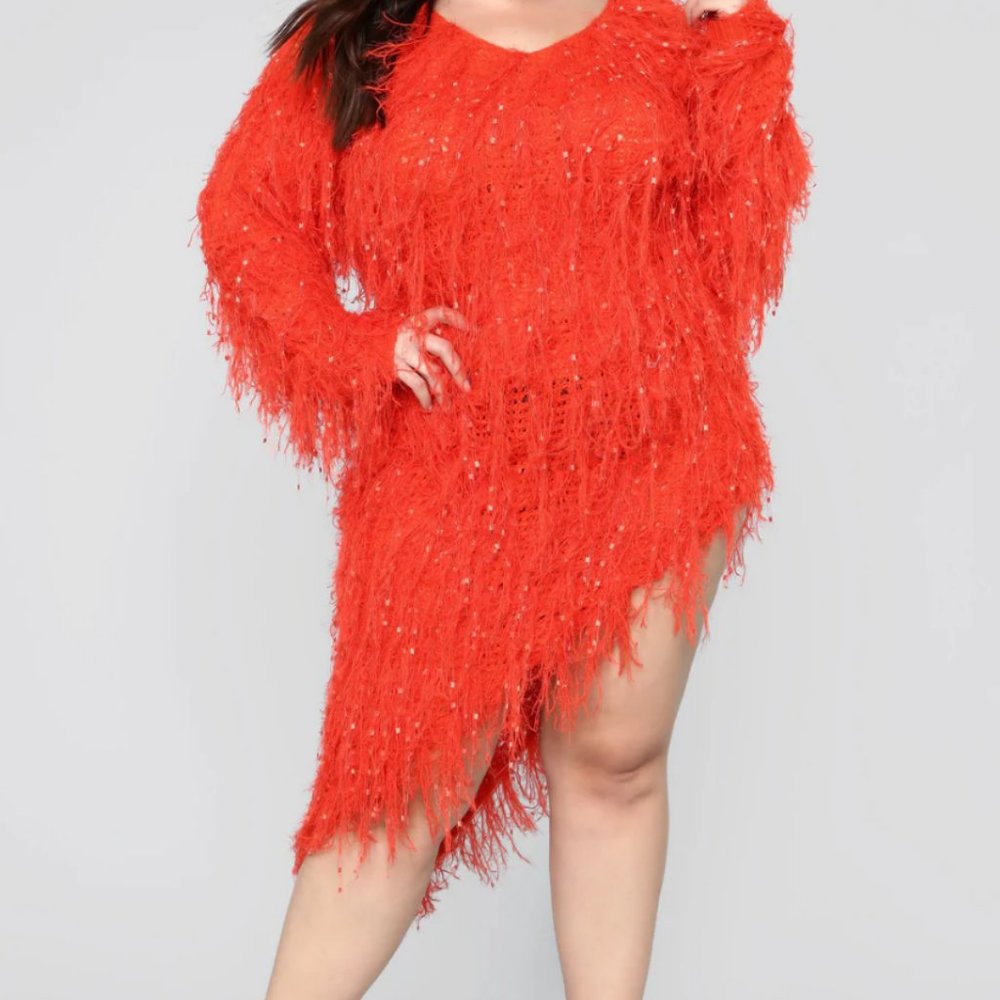 Fashion Nova Serenity Fringe Sweater Dress - Rust